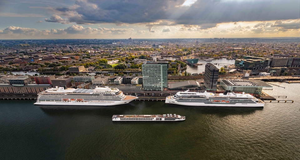 Three Viking cruise ships in Amsterdam.