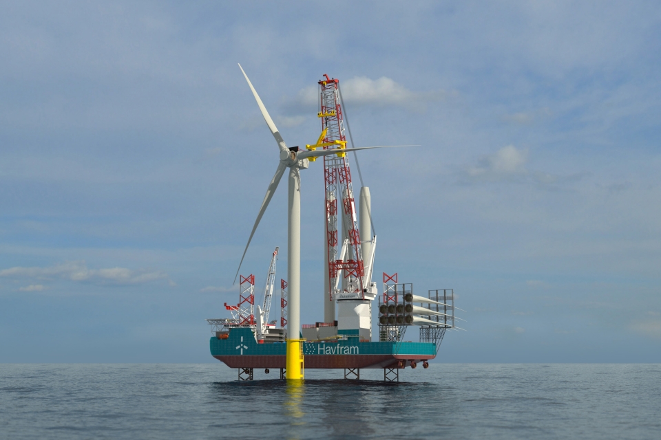 The Huisman Leg Encircling Crane on board Havfram's wind turbine installation vessel.
