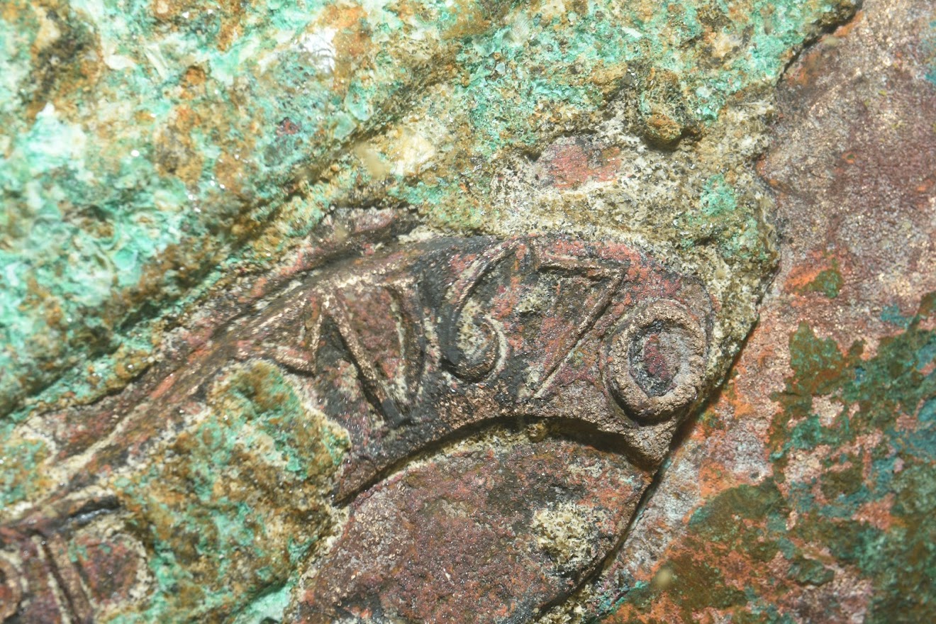 Detail of the date "1670" found on a gun at the wreck site of the Dutch warship Klein Hollandia. © Martin Davies