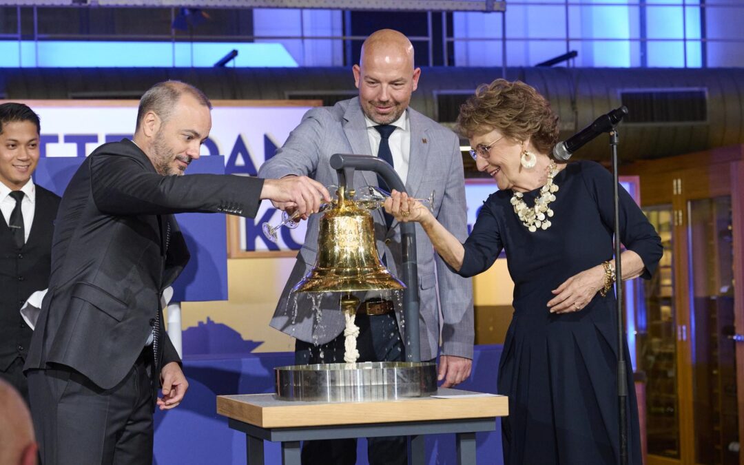 Margriet christens the ship's bell for the 150th anniversary of Holland America Line