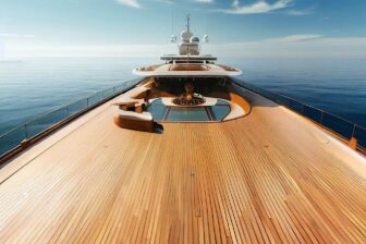 One of two unique concept design examples of generated AI art created using DALLE-2: Superyacht teak deck design featuring unique panorama central seating.