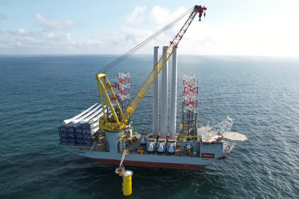 Jan De Nul Group's Jack-up installation vessel Voltaire at Dogger Bank wind farm