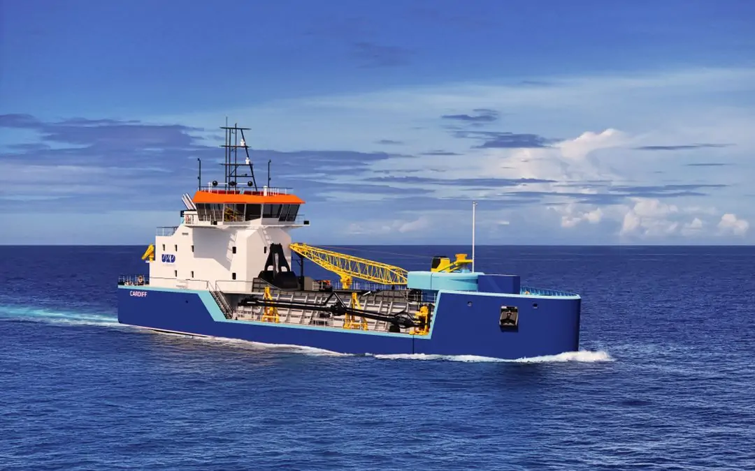 The trailing suction grab hopper dredger for UK Dredging, image by Damen