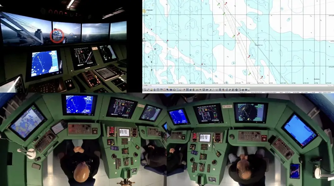 A composite video from one of the traditional pilotage runs that were used as a baseline for cognitive and behavioural analysis of remote pilotage in a simulator environment. The image shows clockwise from left: eyetracking video with the gaze path of the pilot; synced map view from the simulator; camera views from the simulator bridge ceiling. The master and pilot were wearing individiual microphones for recording the conversation (photo Iiro Törmä).
