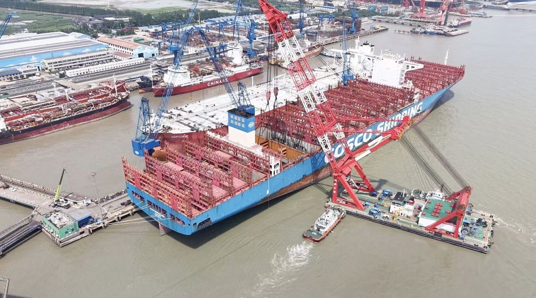 At CHI Shanghai Shipyard, a 20,000-TEU container ship was converted to methanol propulsion for the first time anywhere in the world (photo COSCO/DNV).