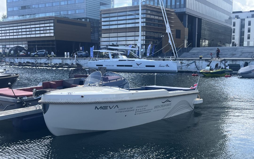 Meva boats are small solar-assisted electric motor yachts manufactured by Green Dream Boats in Poland (photo by Thomas Walta).