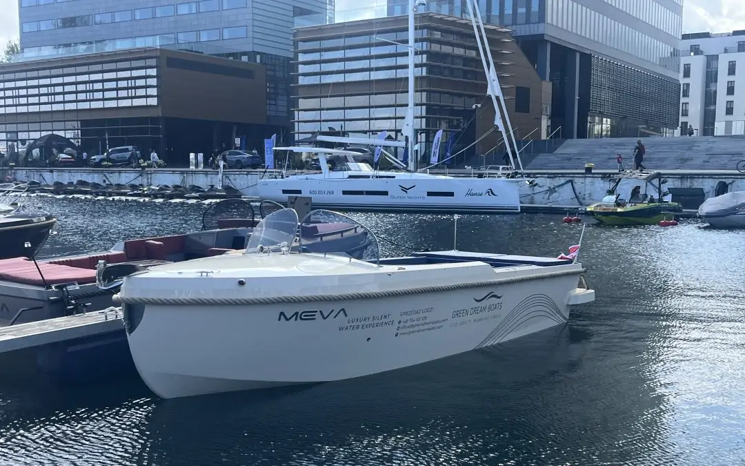 Meva boats are small solar-assisted electric motor yachts manufactured by Green Dream Boats in Poland (photo by Thomas Walta).