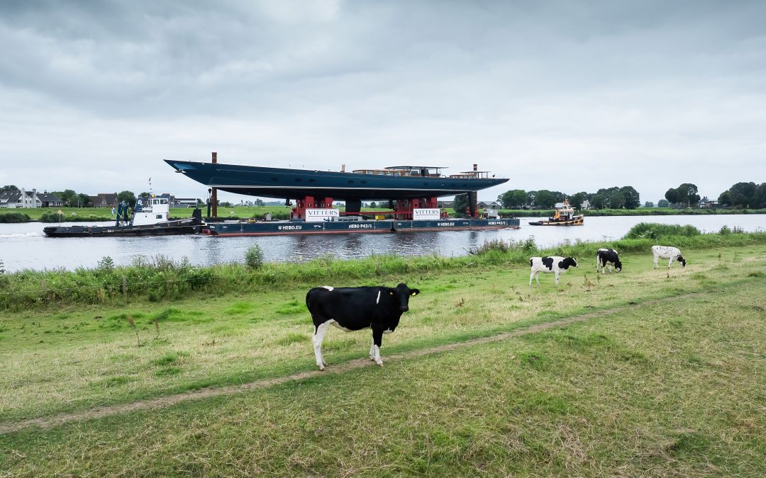 The renewables-powered 69-metre Vitters sailing yacht Zero on its way from Zwartsluis to Harlingen in early July 2026 for its technical launch (photo Tom van Oossanen/Vitters Shipyard, cover picture of SWZ|Maritime's October 2026 issue)